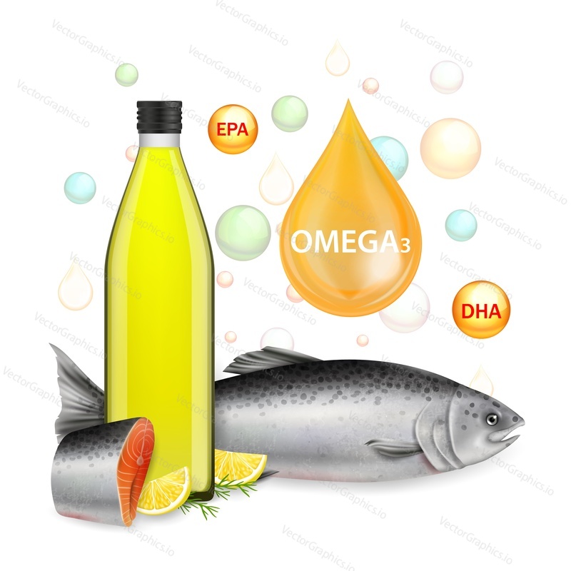 Salmon fish steak, oil bottle, softgel pills, vector realistic illustration. Nutrition omega 3 fatty acids salmon fish composition for poster, banner, etc.