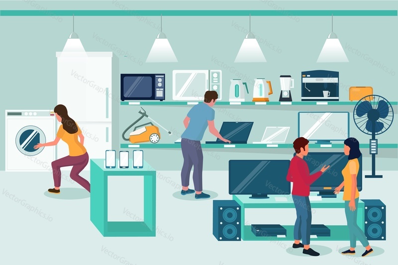 Electronics store, vector flat illustration. Male and female characters sellers or shop assistants and customers choosing home appliances and electronics such as washing machine, tv, home theater.