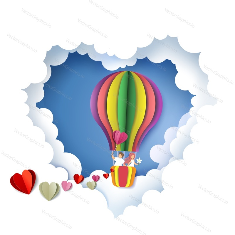 Layered paper cut style heart with fluffy clouds and happy couple flying in hot air balloon, vector illustration in paper art craft style. Romantic couple composition for Valentines Day greeting card.