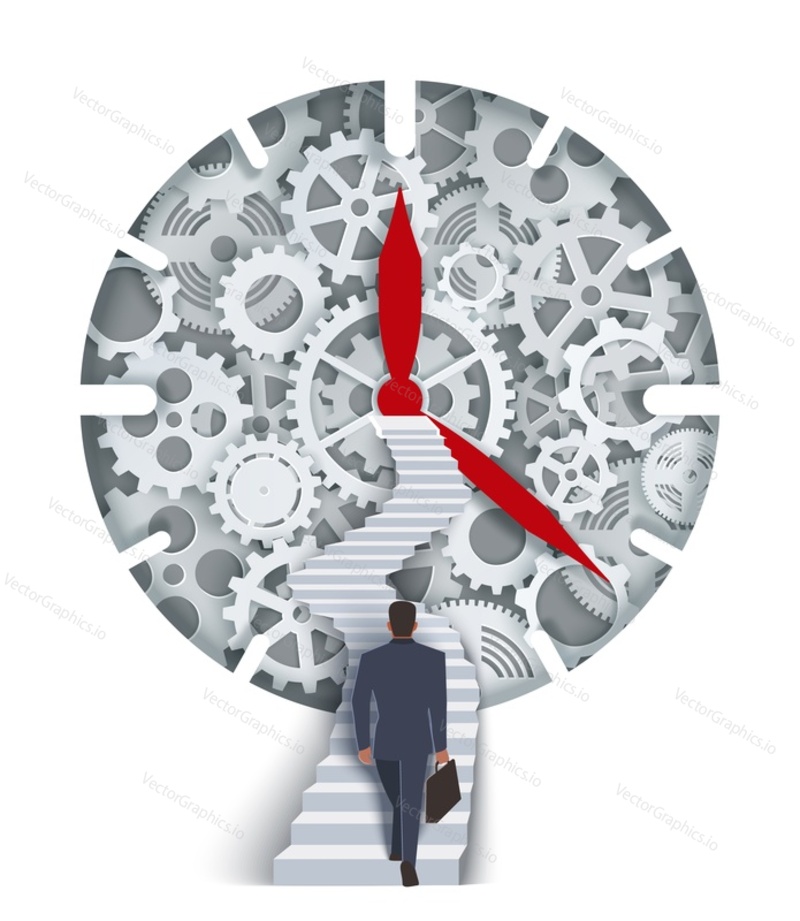 Businessman walking up stairway leading to the center of mechanical clock, vector illustration in paper art style. Time management concept for web banner, website page etc.