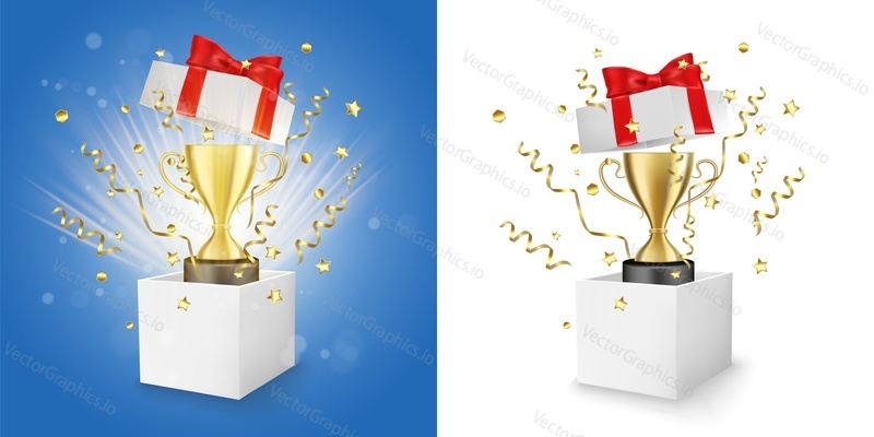 White open box with golden trophy cup, serpentine and confetti explosion, vector isolated illustration. Winner award gift box for banner, poster etc.