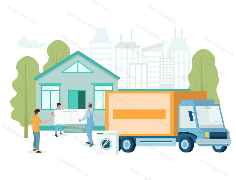 People unloading delivery truck with home appliances fridge and washing machine, vector flat illustration. Electronics delivery service, cargo transportation concept for web banner, website page etc.