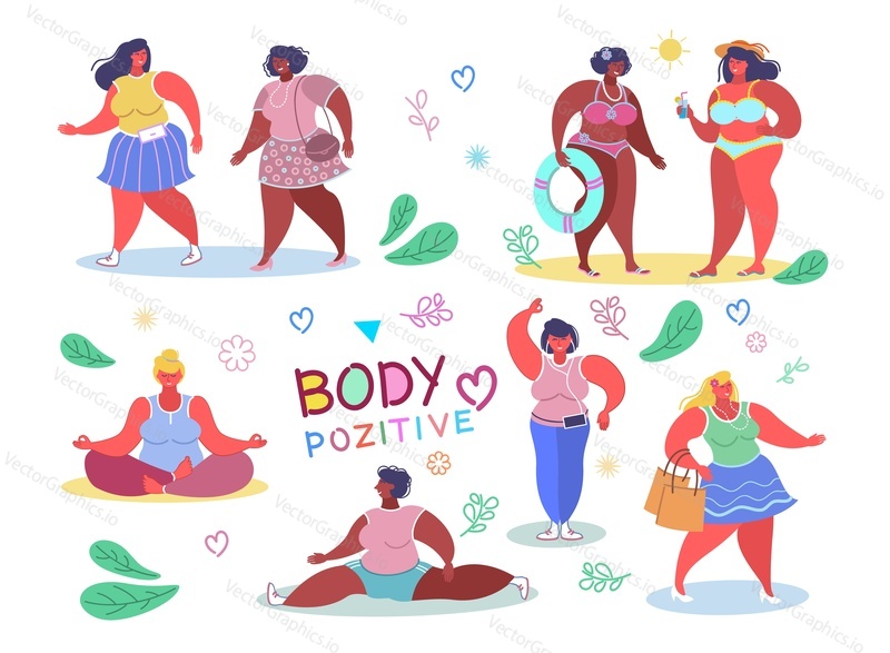 Happy diverse plus size women in summer clothes walking, dancing, sunbathing, sitting in yoga pose, training, shopping, vector flat illustration isolated on white background. Body positive concept.
