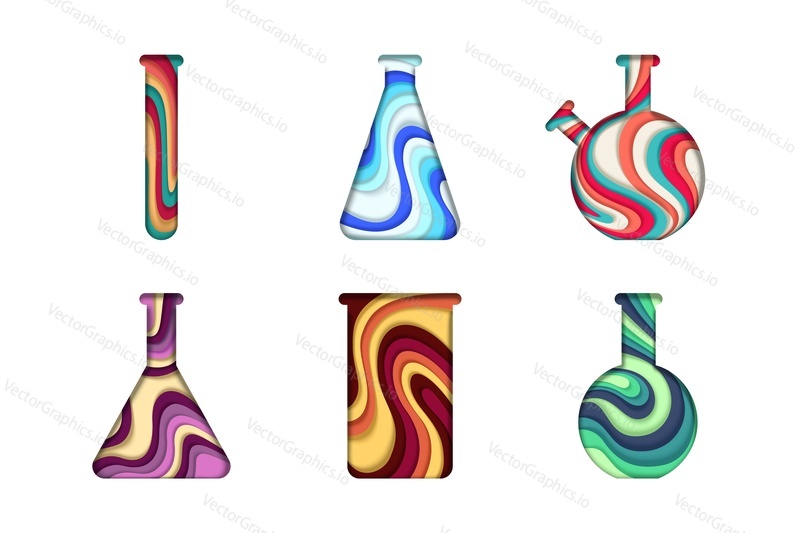 Layered paper cut style test tube and flask set, vector illustration isolated on white background. Chemical laboratory glassware, paper art modern craft style.