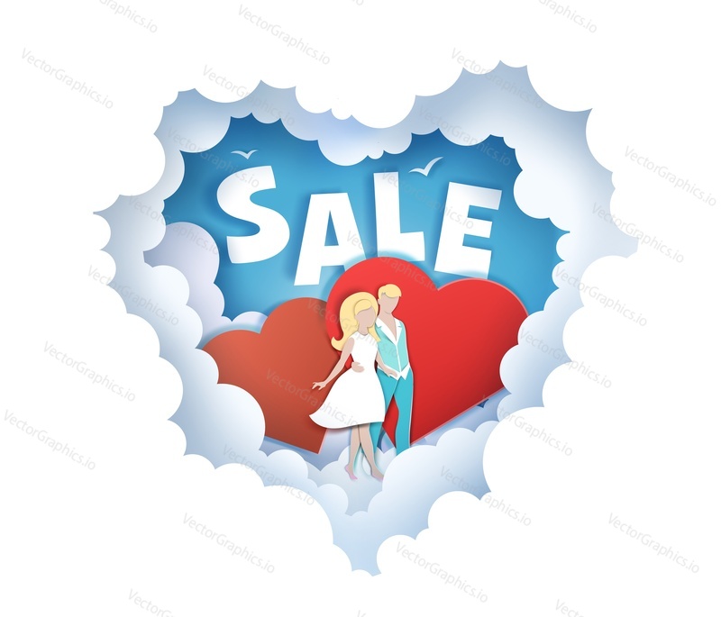 Layered paper cut style heart with happy couple and two red hearts inside, vector illustration. Romantic love composition for Valentines Day sale promotion poster, banner.