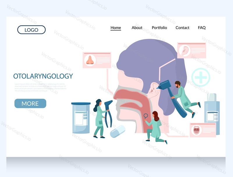 Otolaryngology vector website template, web page and landing page design for website and mobile site development. Male and female characters otolaryngologists checking patient ear, nose and throat.