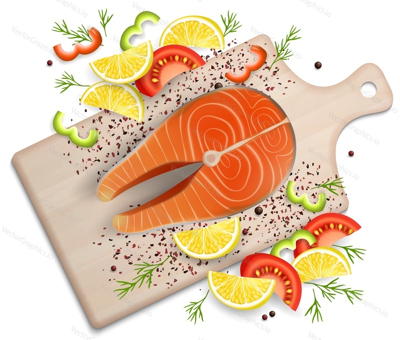 Salmon red fish steak on wood cutting board with lemon, pepper and tomato slices and spicy herb, vector realistic top view illustration. Fresh seafood cooking composition for menu, recipe, web banner.