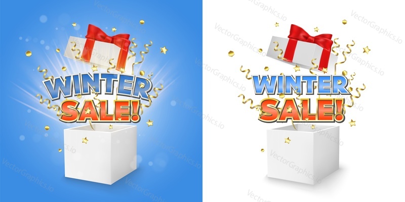 White open gift boxes with Winter sale words, golden serpentine and confetti explosion, vector isolated illustration. Seasonal discounts and sales concept for banner, poster.