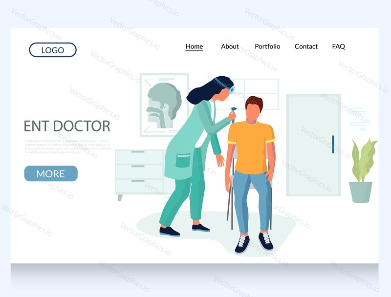 Ent doctor vector website template, web page and landing page design for website and mobile site development. Otolaryngologists ear, nose, throat doctor female examining patient ear with otoscope.