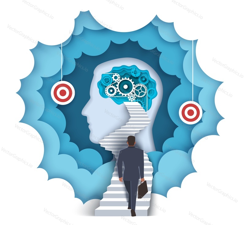 Businessman walking up human head stairway leading to brain with gears, cogwheels at the end, vector layered paper cut style illustration. Mind search, thinking concept for poster, banner etc.