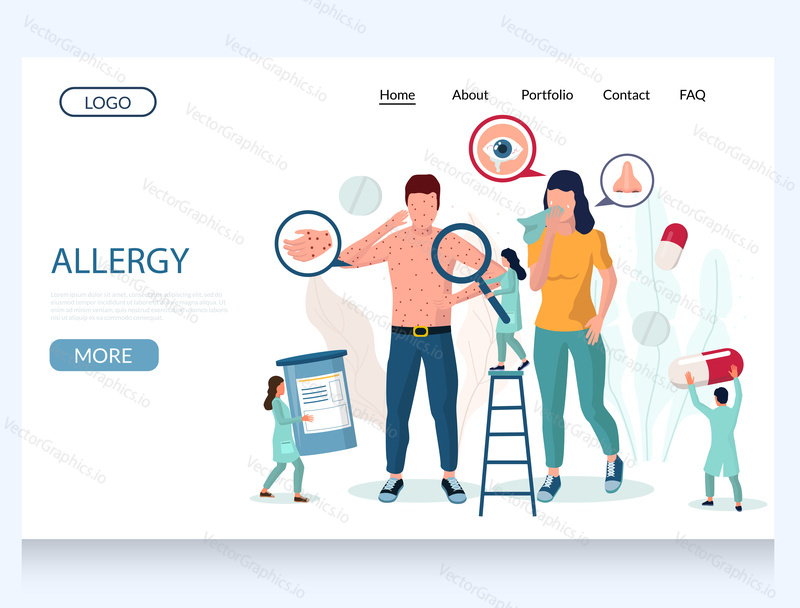 Allergy vector website template, web page and landing page design for website and mobile site development. Man and woman suffering from runny nose, watery eyes, rash. Allergy symptoms and treatment.