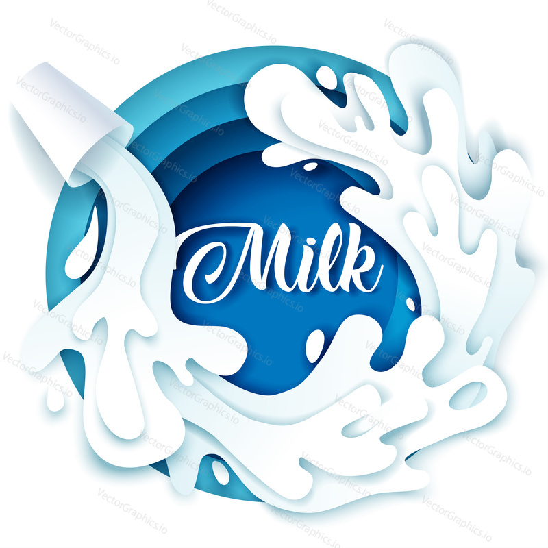 Vector layered paper cut style milk pouring from glass. Natural fresh milk splashing sticker, label etc.