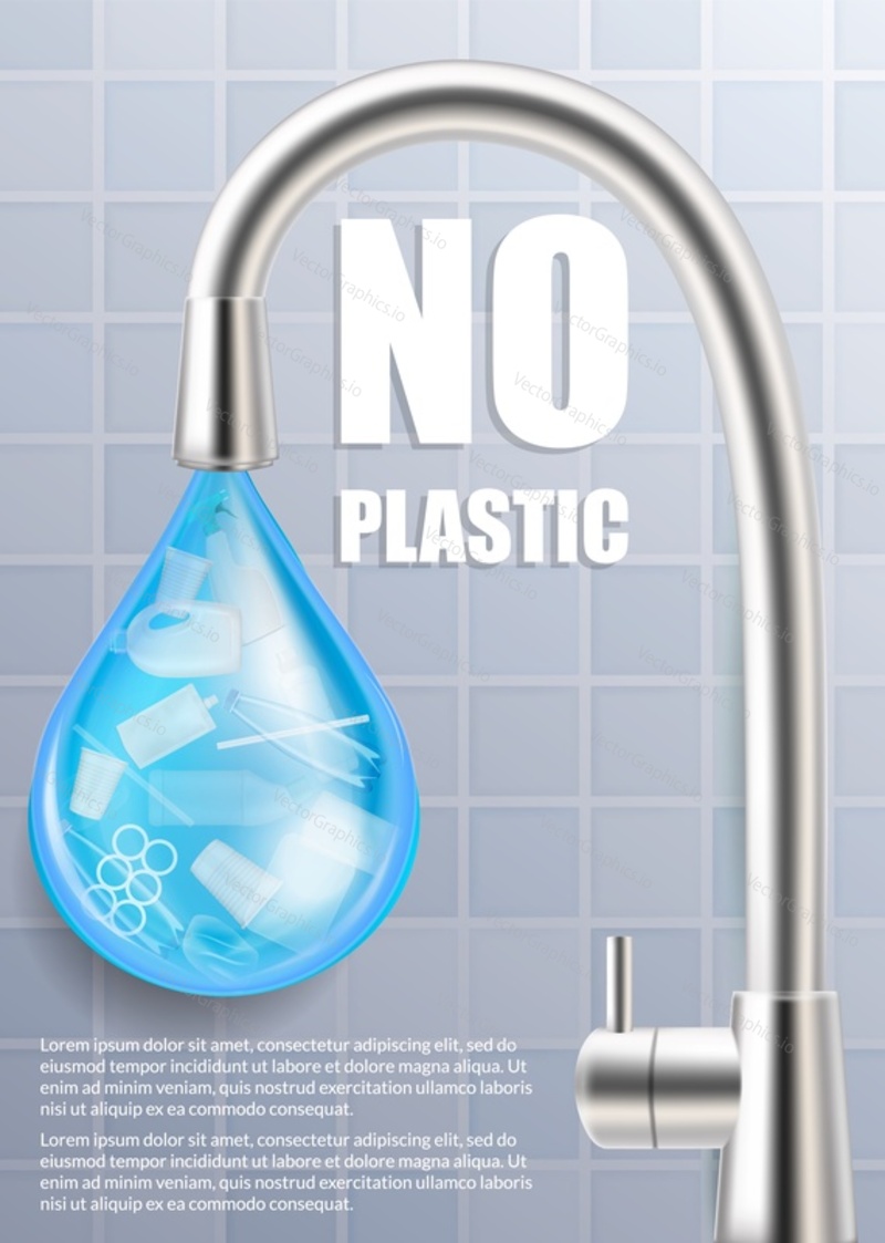 No plastic vector poster template. Kitchen faucet with water drop and plastic bottles, cups inside. Save clean drinking water, stop plastic pollution concept.
