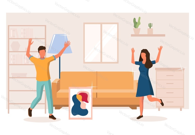 Happy couple celebrating purchasing of new cozy sofa, vector flat illustration. Shopping for home furniture concept for web banner, website page etc.