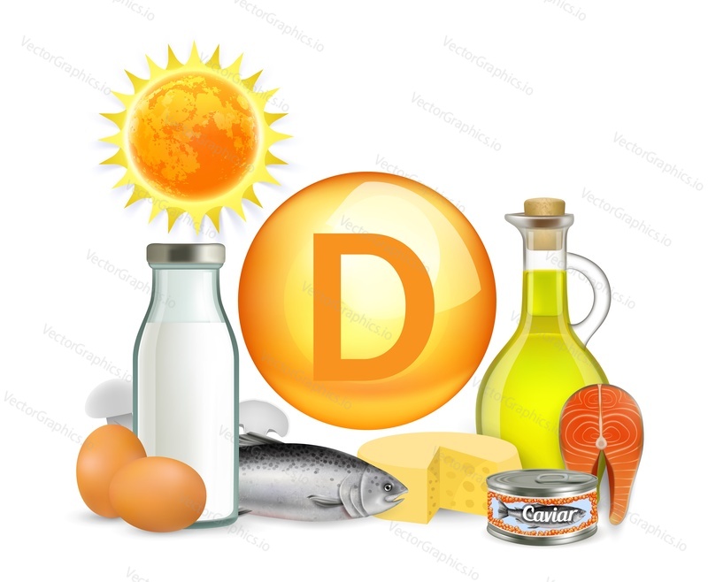 Food sources of vitamin D, vector illustration. Realistic milk and vegetable oil bottles, cheese, eggs, red salmon fatty fish, caviar, vegetable oil, mushrooms. Sunlight and natural organic products.