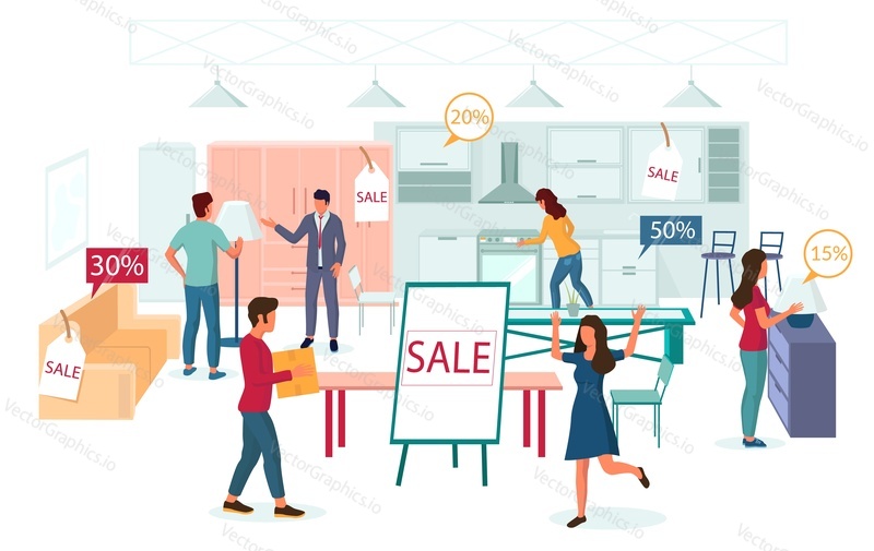 Furniture shop sale promotion, vector flat illustration. People shopping in furniture store. The best deals and discounts concept for poster, banner, flyer etc.