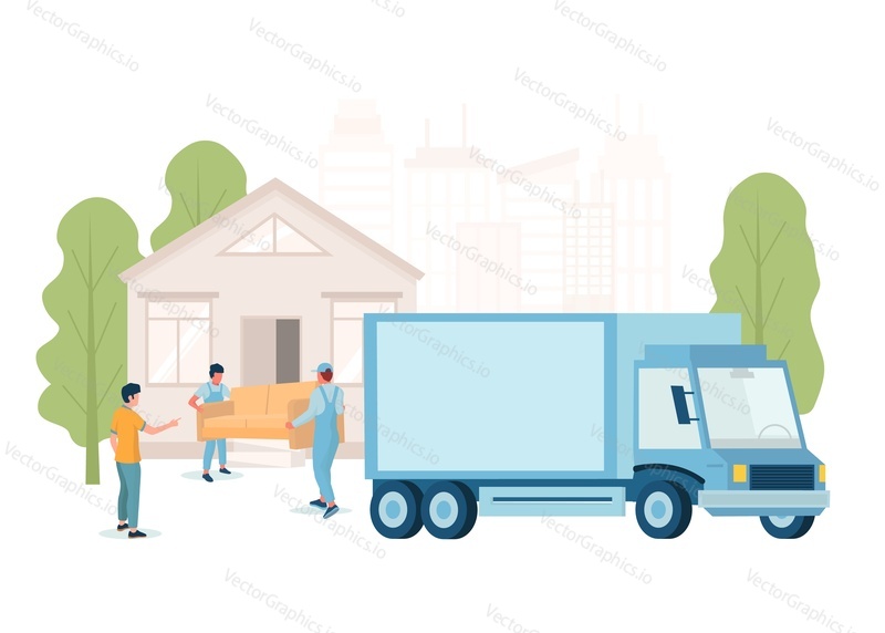 People carrying sofa to the house from delivery truck, vector flat illustration. Furniture express delivery service, cargo transportation concept for web banner, website page etc.