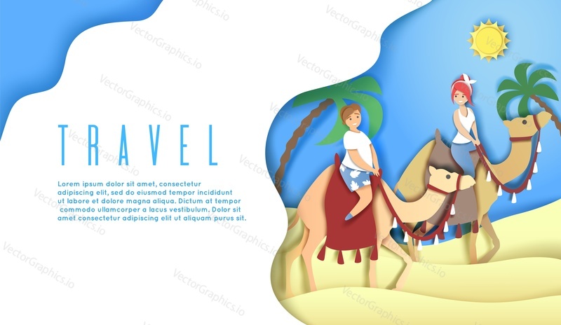 Веб-баннер для путешествий, шаблон целевой страницы веб-сайта, векторная иллюстрация в стиле бумажного искусства. Счастливые женщины-туристки верхом на верблюдах. Летние каникулы, пляжный отдых, прогулка на верблюдах по пляжу.