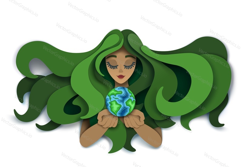 Save planet concept vector illustration. Layered paper cut style beautiful girl with long wavy green hair holding earth globe in hand palms.