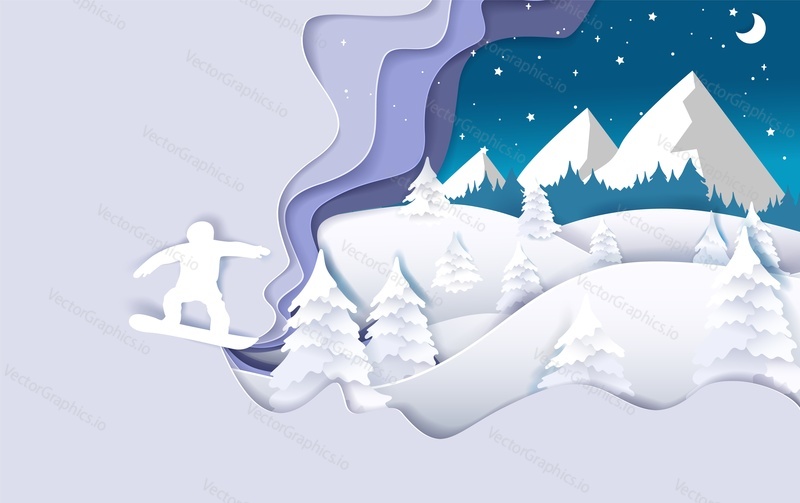 Snowboarding poster banner template. Layered paper cut style mountain landscape, snowy slopes, snowboarder silhouette and copy space. Extreme winter sports.
