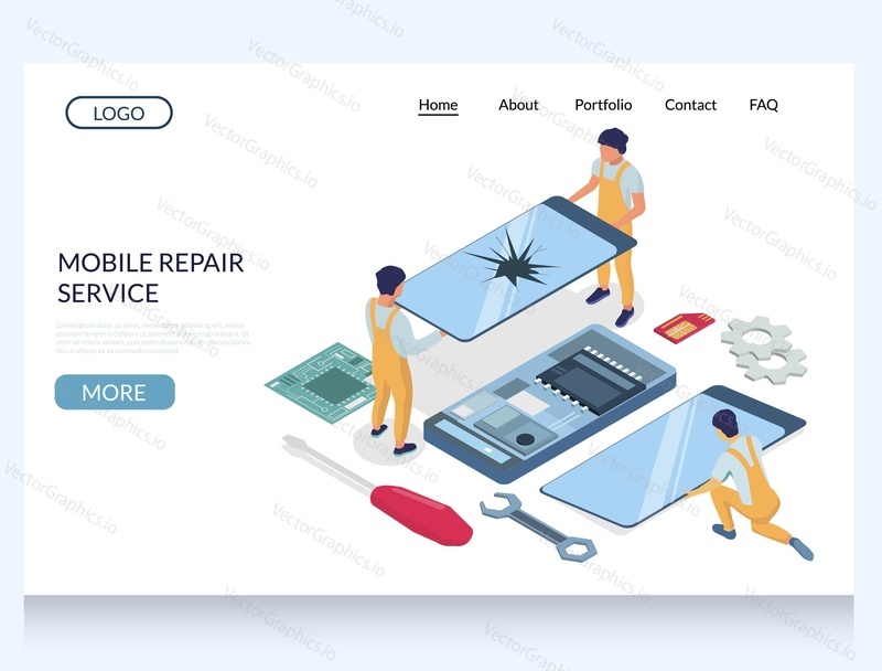 Mobile repair service vector website template, web page and landing page design for website and mobile site development. Isometric technicians changing broken screen.