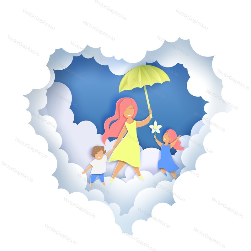 Layered paper cut style heart with happy mother with two kids walking along fluffy clouds and holding umbrella, vector illustration in paper art craft style. Happy Mothers Day greeting card template.
