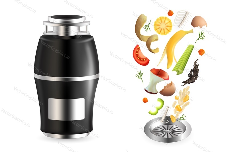 Food waste disposer, slices of fruit, vegetables and other kitchen scraps falling into kitchen sink drain, vector realistic illustration isolated on white background. Garbage disposal unit.