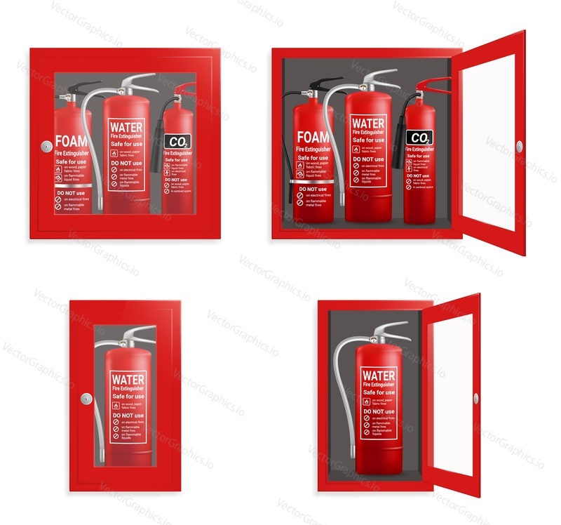 Realistic red fire extinguisher with nozzle set, vector illustration isolated on white background. Portable fire extinguishing equipment in closed and opened red fire cabinets.