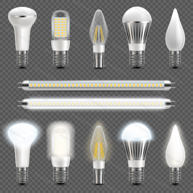 Different types of Led light bulbs, vector illustration isolated on transparent background. Energy efficient lighting, Led lightning technology concept.