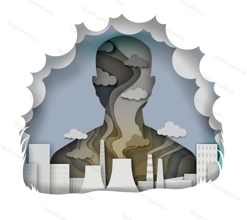 Vector layered paper cut style man silhouette and industrial plant with smoking pipes. Air pollution, environmental problems composition for poster, banner etc.