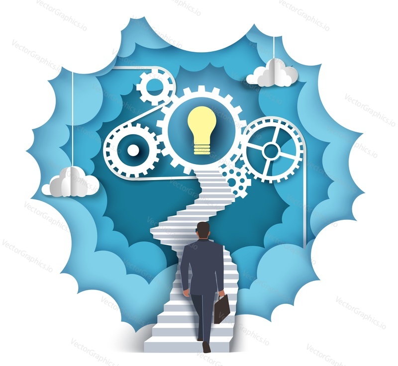Businessman walking up stairs leading to light bulb with gears, cogwheels at the end, vector layered paper cut style illustration. Path to idea, way to success concept for poster, banner etc.