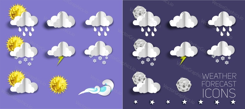 Weather forecast icon set, vector illustration in paper art modern craft style. Sunny, partly sunny, cloudy, mostly cloudy, rain, snow, storm, lightning etc.