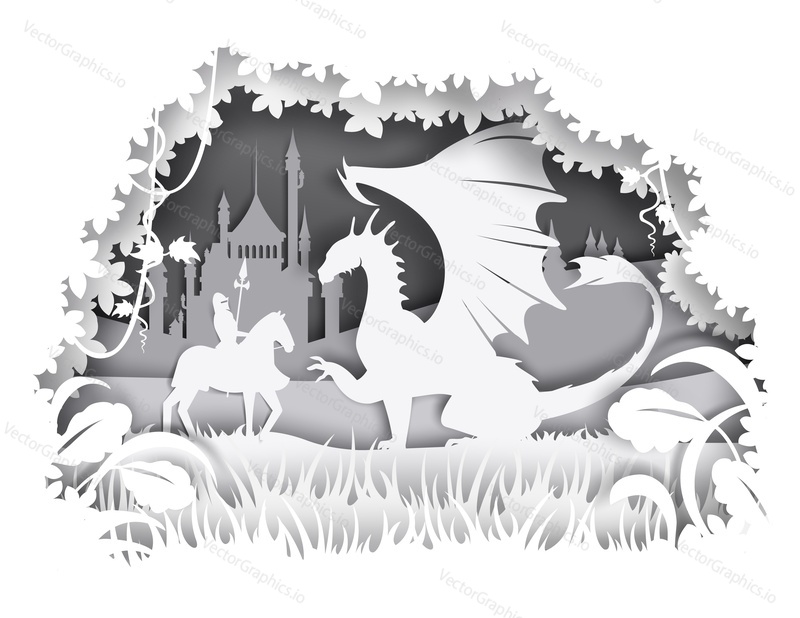 Vector layered paper cut craft style fairytale composition of medieval knight fighting huge dragon silhouettes.