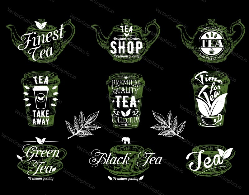 Tea emblem, logo, badge and label set, vector hand drawn illustration in retro style. Tea house shop cafe vintage hand lettering typography.
