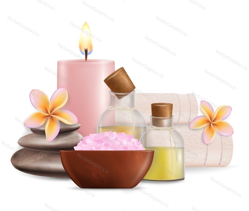 Vector realistic illustration of aroma candles, salt, massage stones, oil bottles, frangipani flowers, towels. Health and wellness spa treatment composition for poster, banner, flyer, business card.