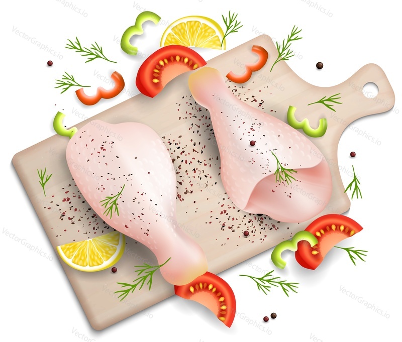 Raw chicken drumsticks with pepper, lemon, tomato slices and spices on wooden cutting board, vector realistic illustration. Chicken leg meat composition for restaurant menu, recipe book, website page.