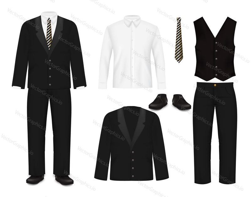 Elegant men suit, vector illustration isolated on white background. Business menswear, three piece mens suit consisting of black jacket, waistcoat, trousers, necktie, shoes and white collared shirt.