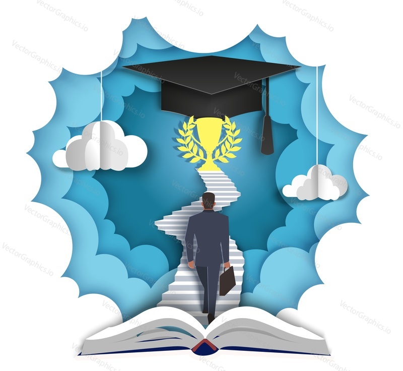 Businessman walking up stairs leading to trophy cup and graduation hat at the end, vector layered paper cut style illustration. Path to knowledge, professional growth concept for poster, banner etc.