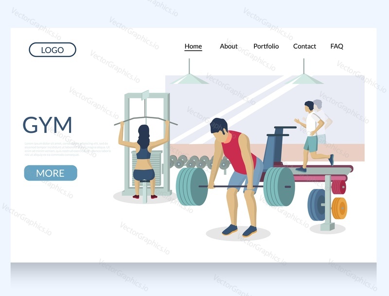 Gym vector website template, web page and landing page design for website and mobile site development. Fitness training, cardio workout, powerlifting, weightlifting, bodybuilding, strength training.