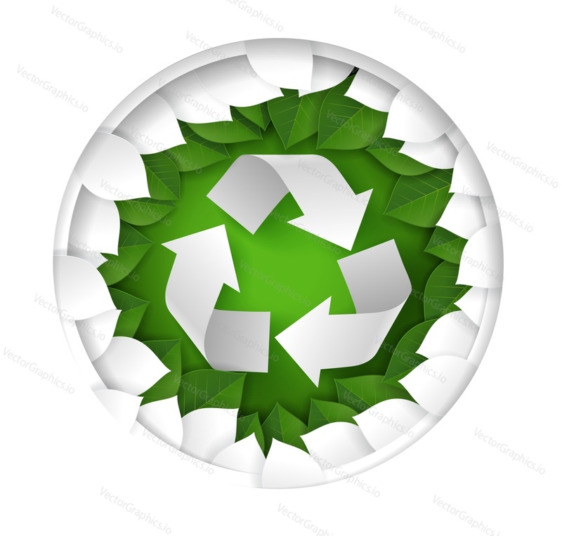 Vector layered paper cut style recycling symbol. Recycle sign in green and white colors creative composition.