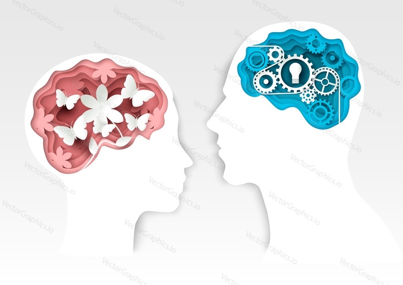 Man and woman head silhouettes with gears and flowers inside. Vector illustration in paper art style.