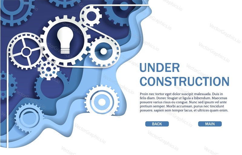 Under construction website page, web banner template with gear, cogwheel, light bulb. Vector illustration in paper art style.