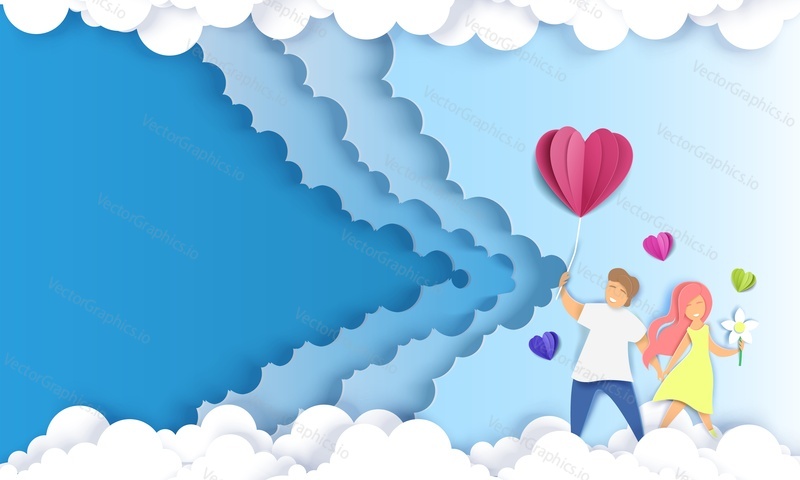 Layered paper cut style sky with fluffy clouds and happy couple holding hands, vector illustration in paper art craft style. Romantic couple background with copy space for web banner, website page etc