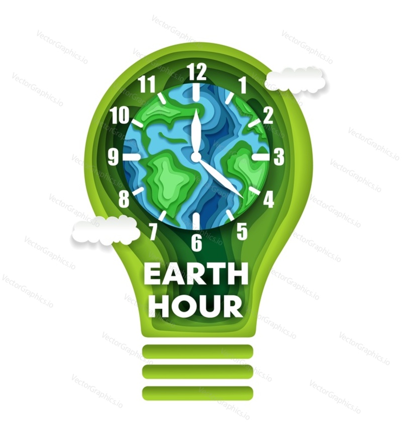 Earth hour vector concept illustration in paper art style. Layered paper cut green electrical lamp with globe and clock inside. The worlds largest grassroots movement for environment and energy saving