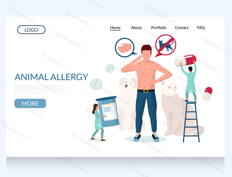 Animal allergy vector website template, web page and landing page design for website and mobile site development. Man suffering from rash, hives, eczema. Pet allergy skin symptoms diagnosis treatment.