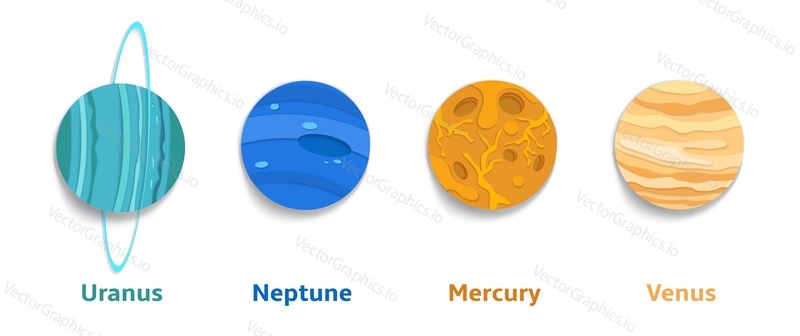 Многослойная вырезка из бумаги в стиле Уран, Нептун, Венера, Меркурий фантастические планеты солнечной системы, векторная иллюстрация, изолированная на белом фоне. Астрономия для детей.