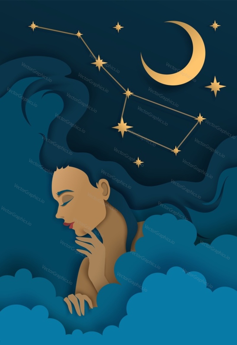 Vector layered paper cut style starry night sky with Great Bear constellation, crescent moon and portrait of beautiful woman with closed eyes. Sweet dreams concept for card, banner, flyer, poster etc.