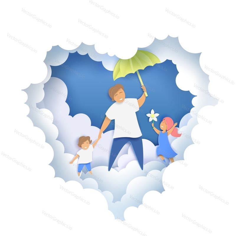 Layered paper cut style heart with happy father with two kids walking along fluffy clouds and holding umbrella, vector illustration in paper art craft style. Happy Fathers Day greeting card template.