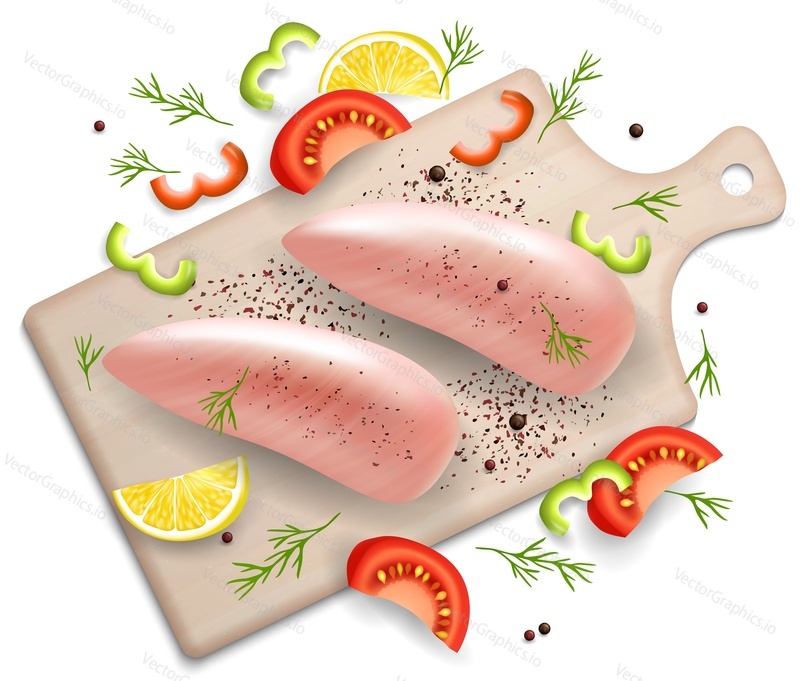 Raw chicken breast fillets with pepper, lemon, tomato slices and spices on wooden cutting board, vector realistic illustration. Chicken meat composition for restaurant menu, recipe book, website page.