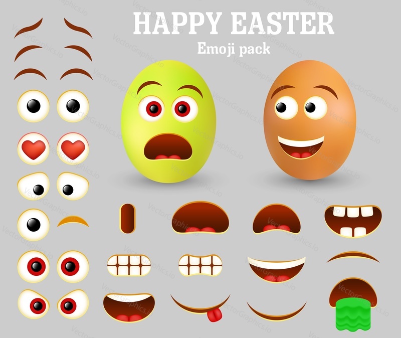Easter eggs emoticon character maker, smiley creator. Vector set of emoticon face parts for your own emoji creation with different facial expressions. Happy Easter Egg emoji pack.